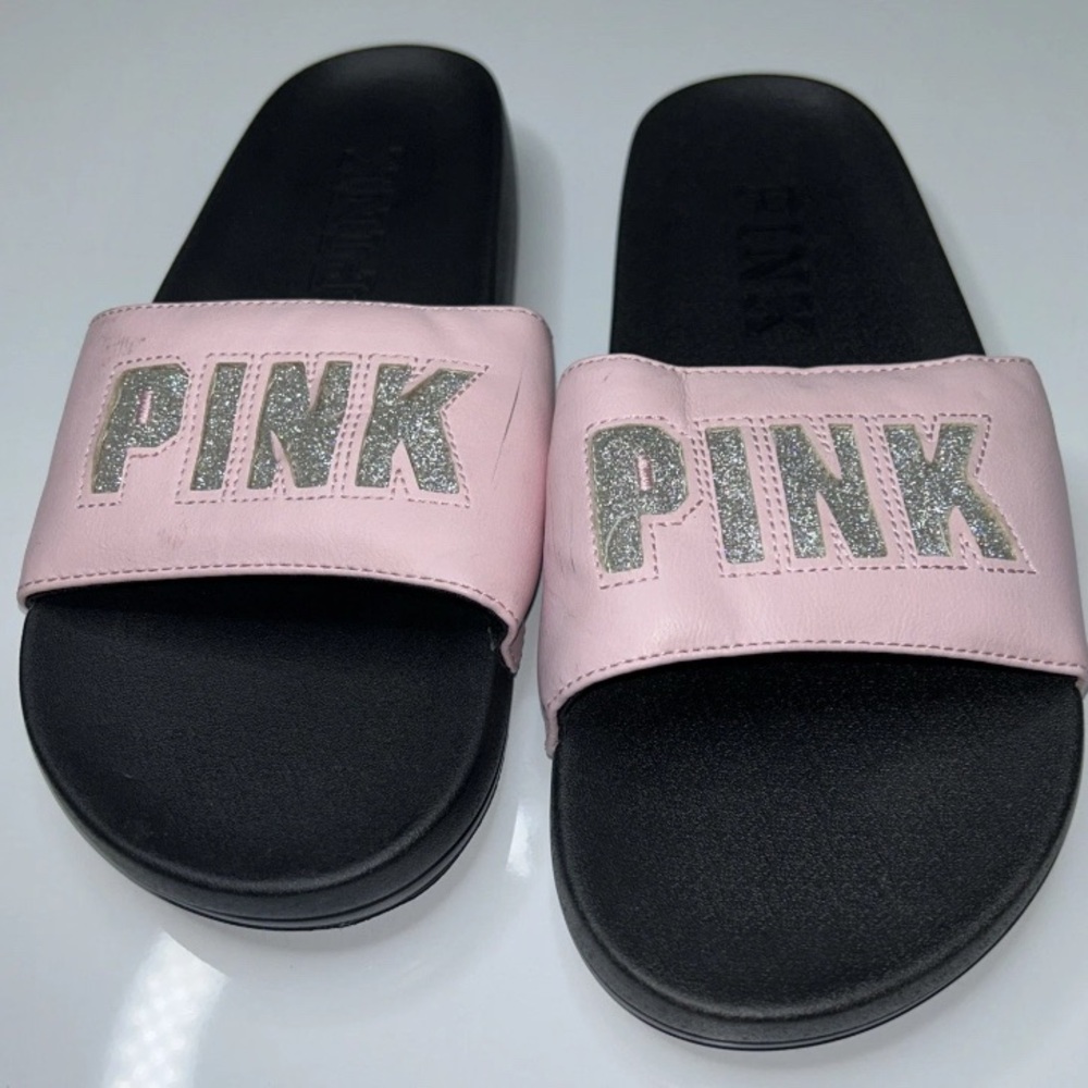 Victoria’s Secret Pink Shady Blush Pink Sparkle Glitter Single Strap Slides M